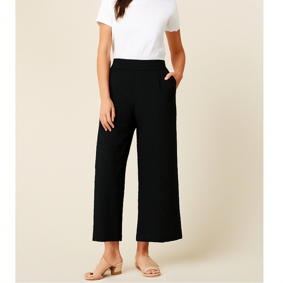 EUC UMGEE WIDE LEG PULL ON TEXTURED BLACK PANTS TROUSERS SZ L - Picture 1 of 8